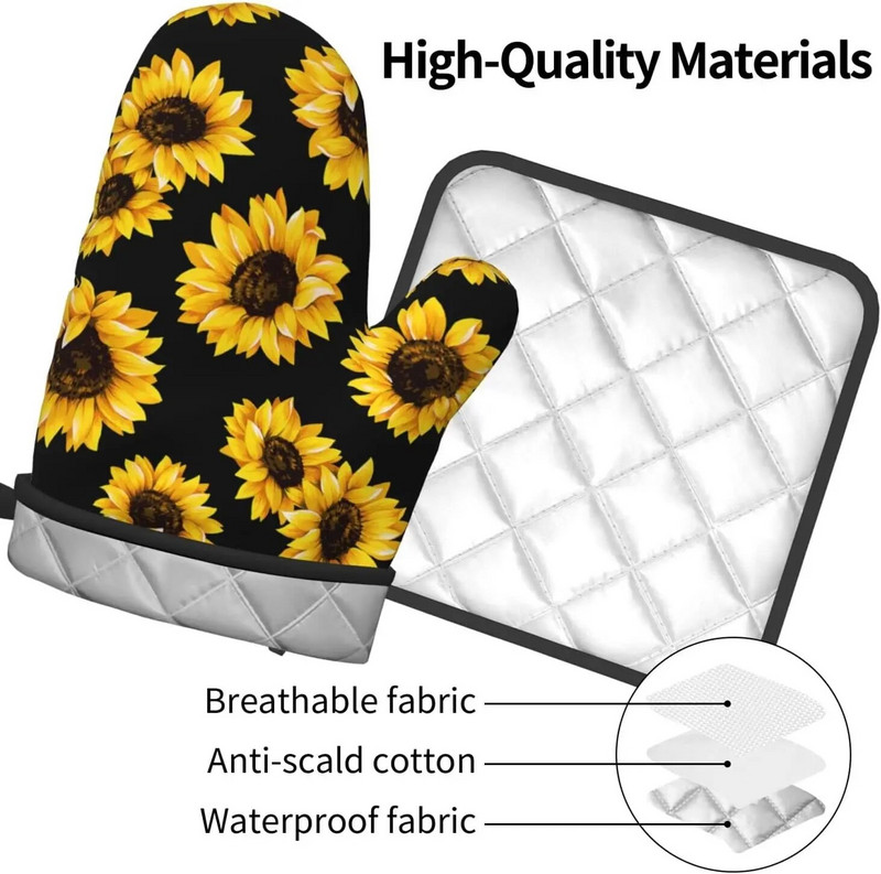 Saulėgrąžų orkaitės pirštinės ir puodų laikikliai Profesionalios karščiui atsparios medvilnės orkaitės pirštinės virtuvinių pirštinių 2 dalių rinkinys