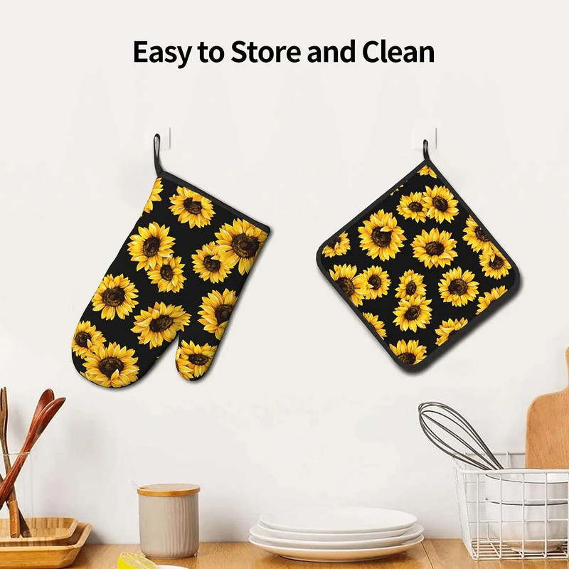 Saulėgrąžų orkaitės pirštinės ir puodų laikikliai Profesionalios karščiui atsparios medvilnės orkaitės pirštinės virtuvinių pirštinių 2 dalių rinkinys