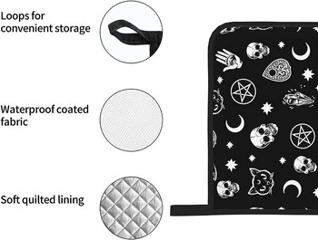 Skull Cat Moon Γοτθικά γάντια φούρνου και θήκες για κατσαρόλες Αντιολισθητικά γάντια κουζίνας Αντιολισθητικά σετ ζεστών μαξιλαριών με εσωτερικό βαμβακερό στρώμα
