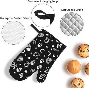 Skull Cat Moon Γοτθικά γάντια φούρνου και θήκες για κατσαρόλες Αντιολισθητικά γάντια κουζίνας Αντιολισθητικά σετ ζεστών μαξιλαριών με εσωτερικό βαμβακερό στρώμα