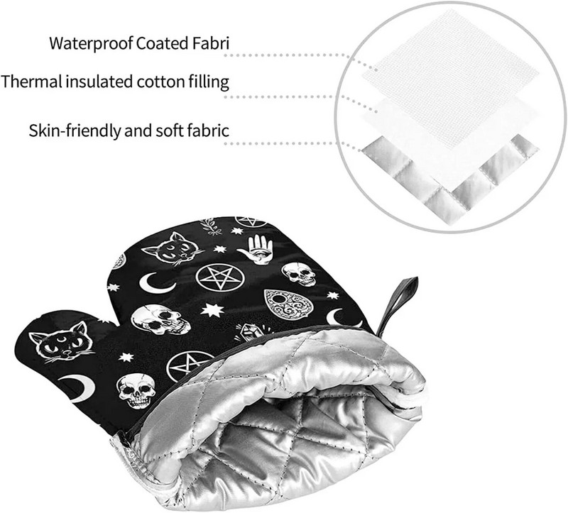 Skull Cat Moon gotikinės orkaitės pirštinės ir puodų laikikliai, karščiui atsparūs neslystantys virtuvės pirštinių įklotai su vidiniu medvilniniu sluoksniu