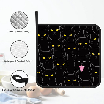 Μαύρη γάτα χαριτωμένη θήκη κατσαρόλας σετ 2 δοχείων κουζίνας ανθεκτική στη θερμότητα για μπάρμπεκιου ψησίματος, φαγητού ζεστού φαγητού για γυναίκες ρούχα κουζίνας