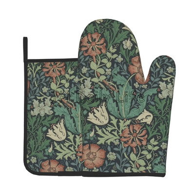 William Morris Vintage Flowers orkaitės pirštinės ir puodų laikikliai, 2 karščiui atsparių pirštinių rinkinys, skirtas virtuvės gaminimui, kepimui, kepsniui ant grotelių