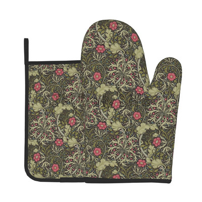 William Morris Vintage Flowers orkaitės pirštinės ir puodų laikikliai, 2 karščiui atsparių pirštinių rinkinys, skirtas virtuvės gaminimui, kepimui, kepsniui ant grotelių