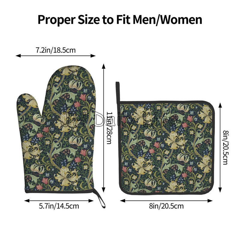 William Morris Vintage Flowers orkaitės pirštinės ir puodų laikikliai, 2 karščiui atsparių pirštinių rinkinys, skirtas virtuvės gaminimui, kepimui, kepsniui ant grotelių