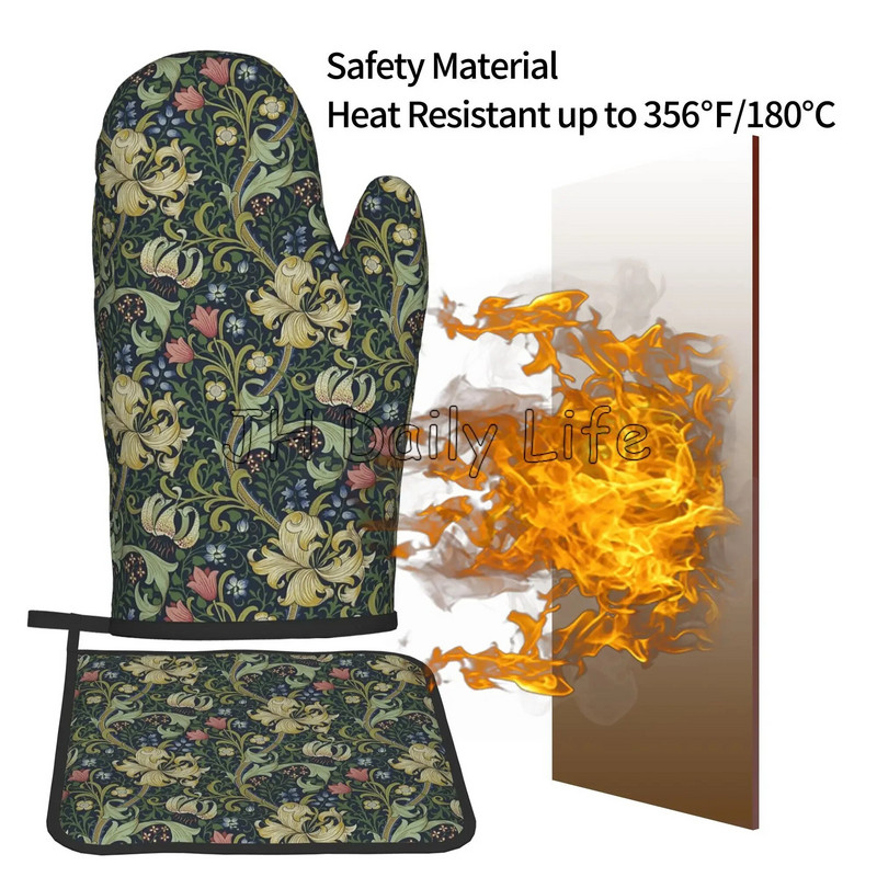 William Morris Vintage Flowers orkaitės pirštinės ir puodų laikikliai, 2 karščiui atsparių pirštinių rinkinys, skirtas virtuvės gaminimui, kepimui, kepsniui ant grotelių