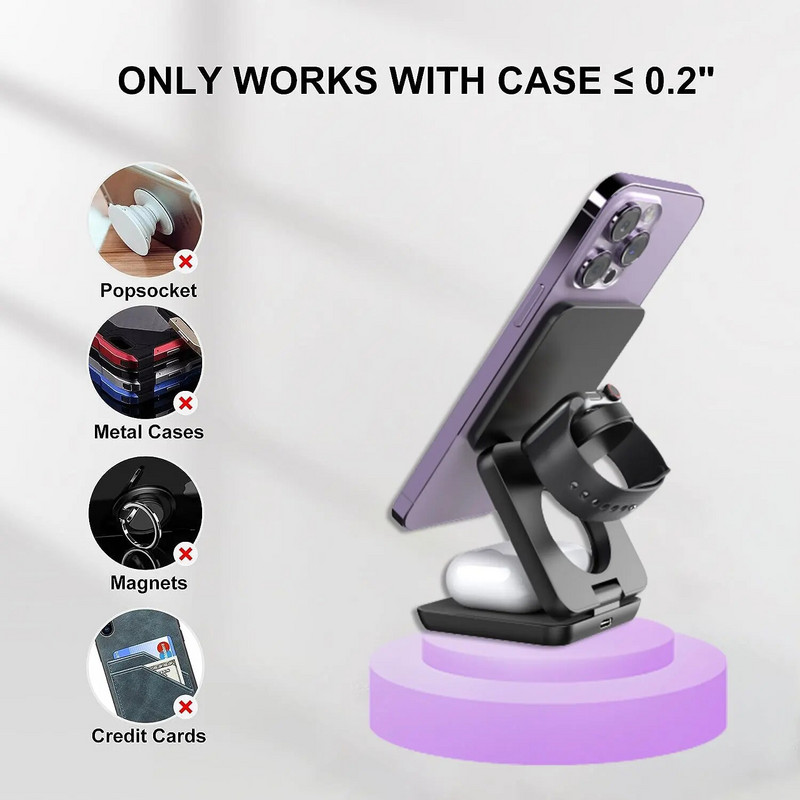 3 viename magnetinis belaidžio įkroviklio stovas 30 W Macsafe greito įkrovimo stotelė, skirta iPhone 15 14 13 Pro Max iWatch 8 7 6 Airprods