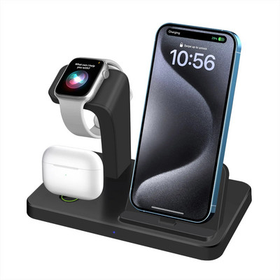 3 viename belaidžio įkroviklio stovas, skirtas iWatch 9 8 7 6 5 4 3 2 SE greito įkrovimo stotelė, skirta iPhone 15 serijai, skirta Airpods 2 3