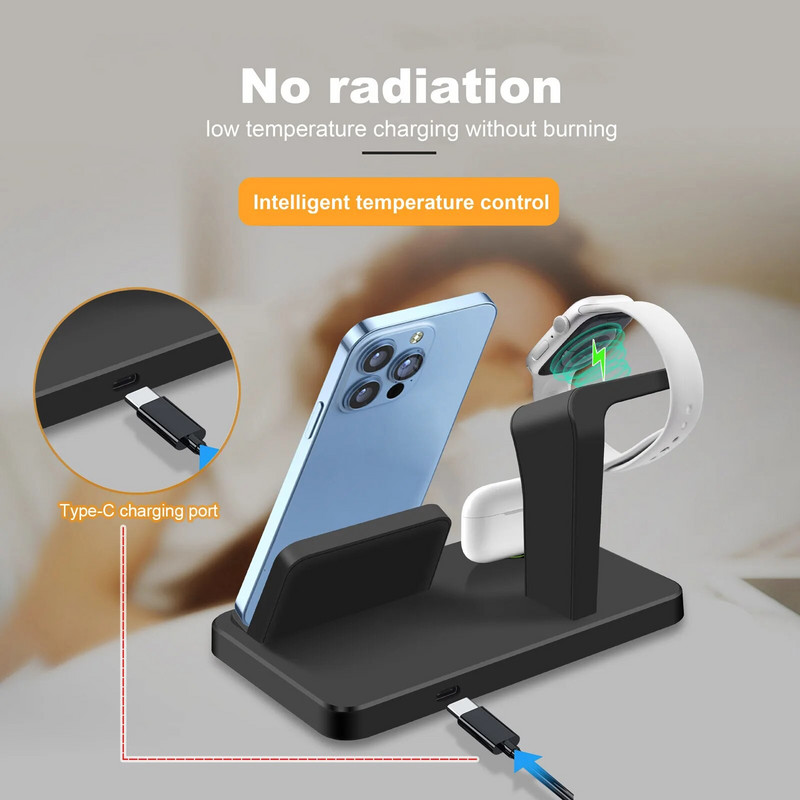 3 viename belaidžio įkroviklio stovas, skirtas iWatch 9 8 7 6 5 4 3 2 SE greito įkrovimo stotelė, skirta iPhone 15 serijai, skirta Airpods 2 3