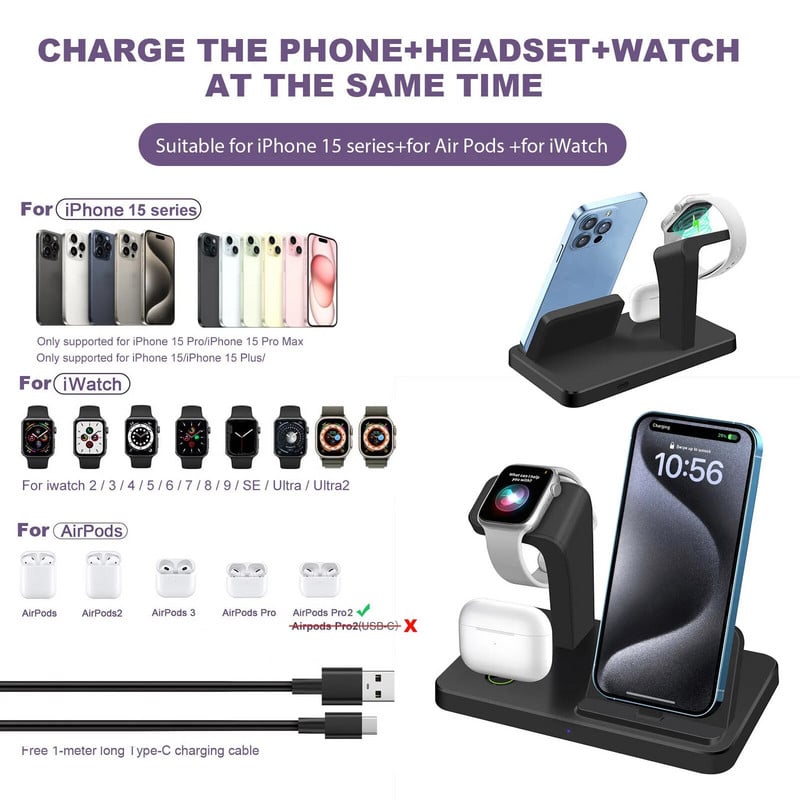 3 viename belaidžio įkroviklio stovas, skirtas iWatch 9 8 7 6 5 4 3 2 SE greito įkrovimo stotelė, skirta iPhone 15 serijai, skirta Airpods 2 3