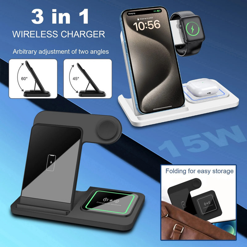 3 viename belaidis įkroviklis Greito belaidžio įkrovimo stotelė, skirta iPhone 15 14 13 Samsung Galaxy S24 S23 S22 Airpods 3 iWatch 8 įkroviklis