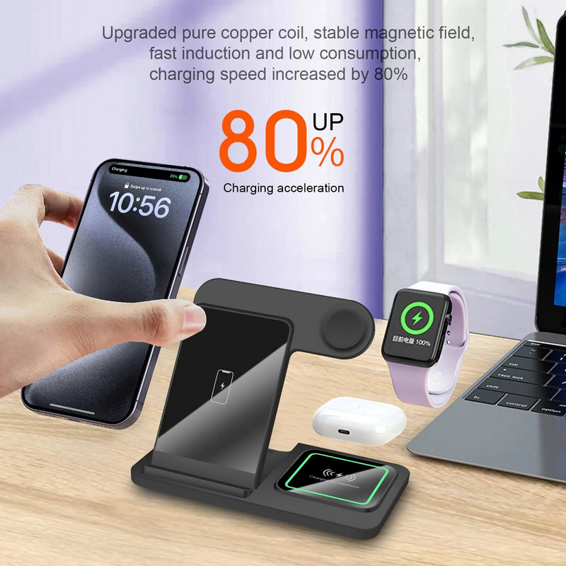 3 viename belaidis įkroviklis Greito belaidžio įkrovimo stotelė, skirta iPhone 15 14 13 Samsung Galaxy S24 S23 S22 Airpods 3 iWatch 8 įkroviklis