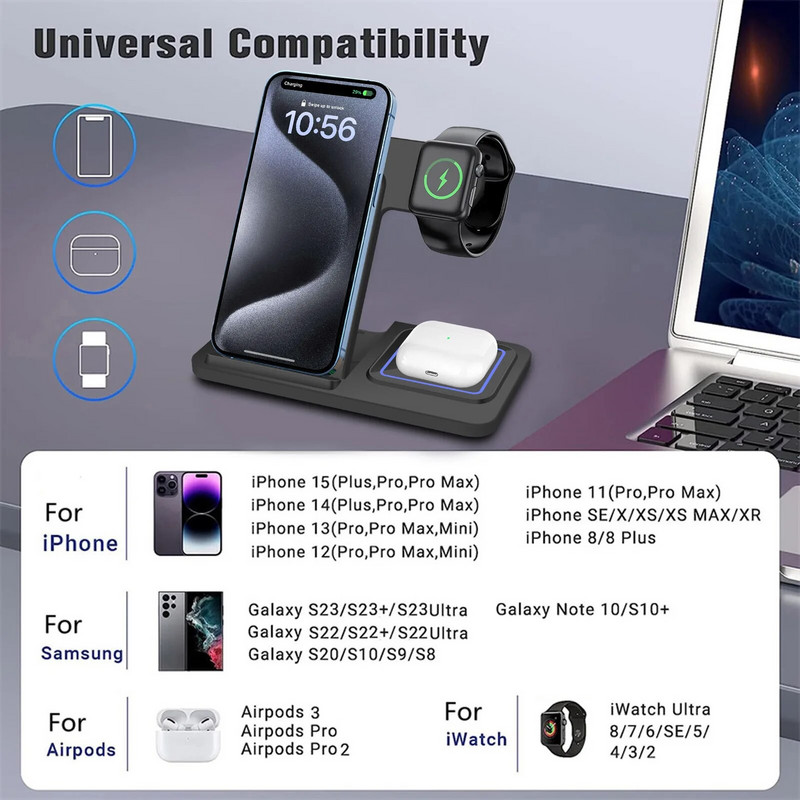 3 viename belaidis įkroviklis Greito belaidžio įkrovimo stotelė, skirta iPhone 15 14 13 Samsung Galaxy S24 S23 S22 Airpods 3 iWatch 8 įkroviklis
