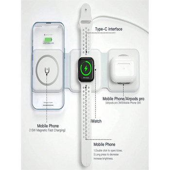 Безжично зарядно 3 в 1 за iPhone 15/14/13/12/Pro/Max/Mini, AirPods, iWatch, магнитна сгъваема зарядна станция за пътуване