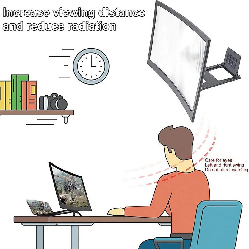 12 colių mobiliojo telefono ekranas, padidintas laikiklis, ekranas ABS apvalkalas akrilo lęšis, mažinantis spinduliavimą, išlenktas 3D didintuvo stovas