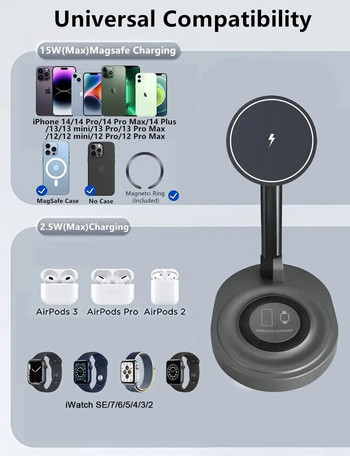2-в-1 сгъваема магнитна стойка за безжично зарядно за MagSafe 15W бързо зареждаща докинг станция за Apple Watch iPhone 15/14/13/12