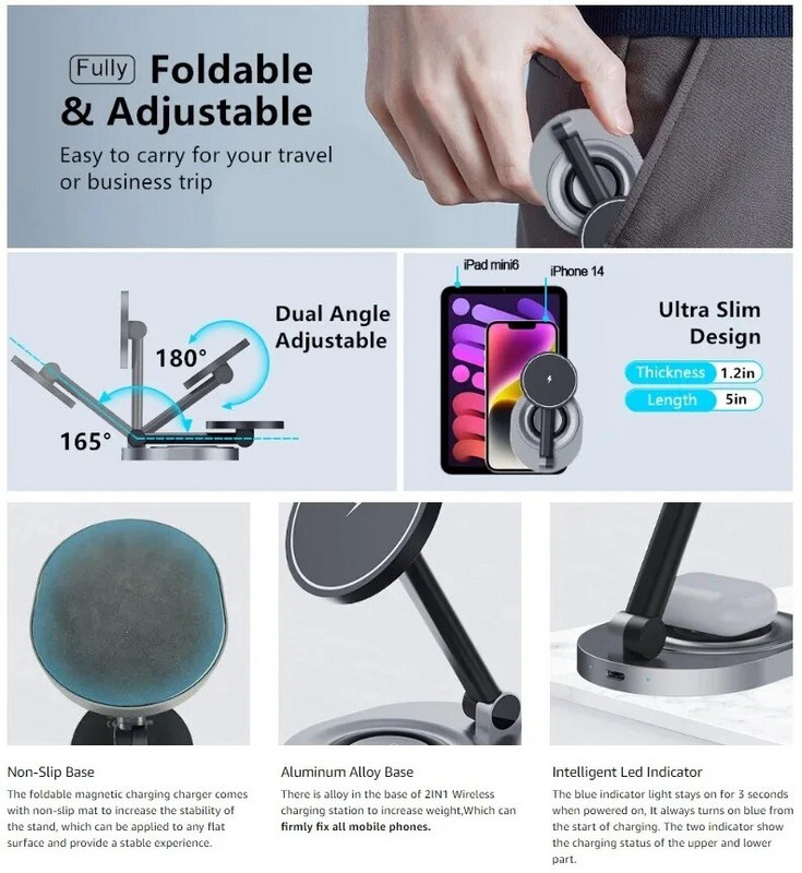 2 viename sulankstomas magnetinis belaidžio įkroviklio stovas, skirtas MagSafe 15 W greito įkrovimo doko stočiai, skirtas Apple Watch iPhone 15/14/13/12