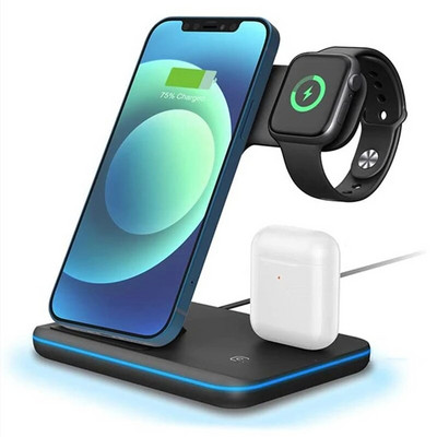 3 viename belaidis įkroviklis skirtas iPhone 14 13 12 11 8 X Samsung S22 S21 15W greito įkrovimo stovas, skirtas Apple Watch 8 7 Airpods Pro