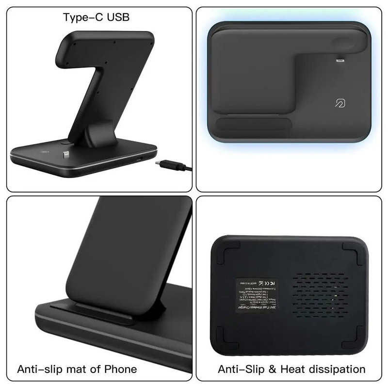 3 viename belaidis įkroviklis skirtas iPhone 14 13 12 11 8 X Samsung S22 S21 15W greito įkrovimo stovas, skirtas Apple Watch 8 7 Airpods Pro