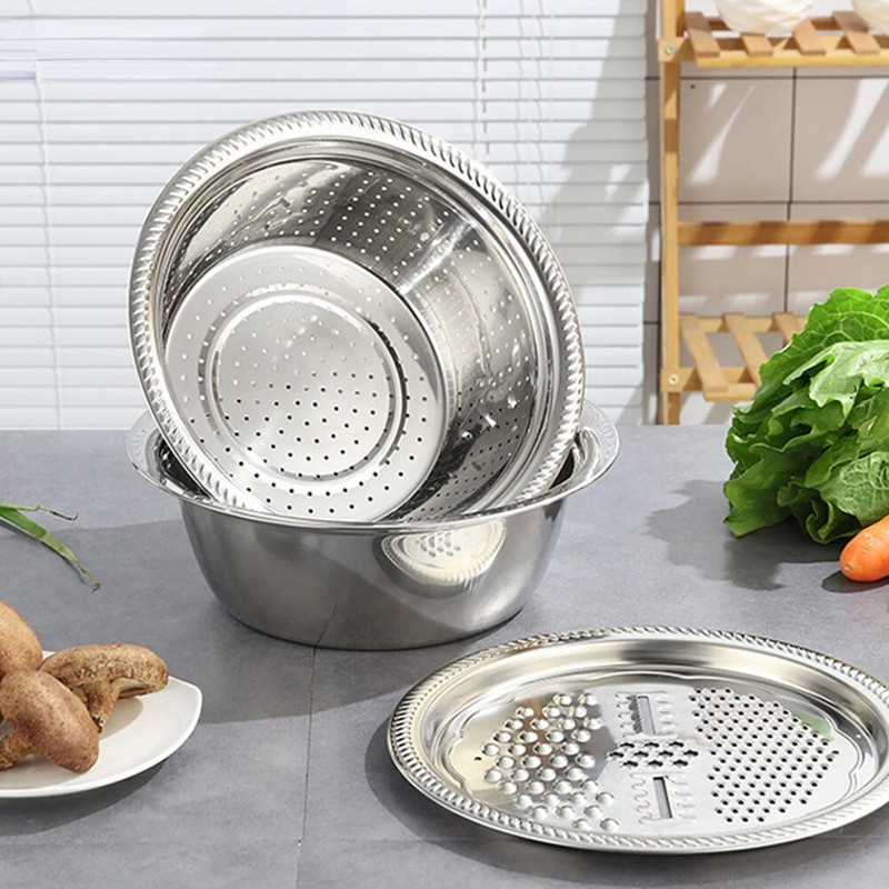 Daugiafunkcinės nerūdijančio plieno virtuvės trintuvės daržovių pjaustyklės Daržovių pjaustyklės nutekėjimo krepšelio rinkinys vaisių kanalizacijos baseinas