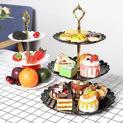 3 szintes tortaállvány Délutáni tea esküvői tányérok Parti étkészletek Sütőedények Műanyag tálca Kijelző állvány tortadíszítő eszközök