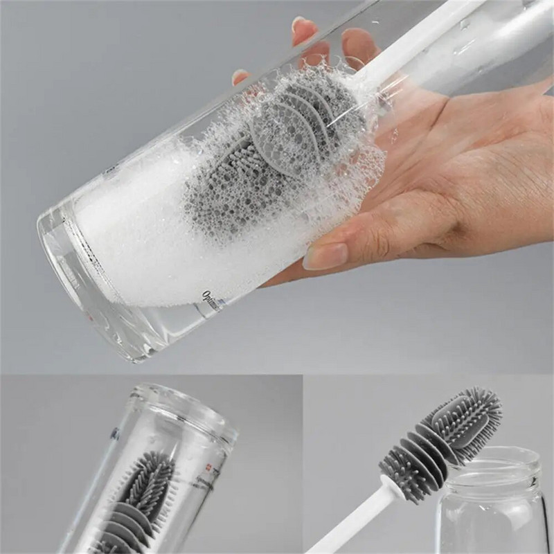 Ilgos rankenos silikoninių butelių šepetėlių valymo produktai namams, viengubas pilkas didmeninis maitinimo buteliuko valymo šepetėlis, daugiafunkcis