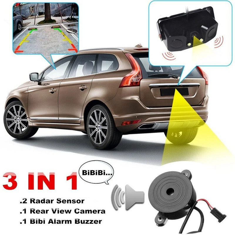 3 viename radarų parkavimo jutiklių rinkinys Matomas Parktronic LED ekrano sistemos atsarginis monitorius Atbulinės eigos kamera Signalizacija Atbulinės eigos radaras