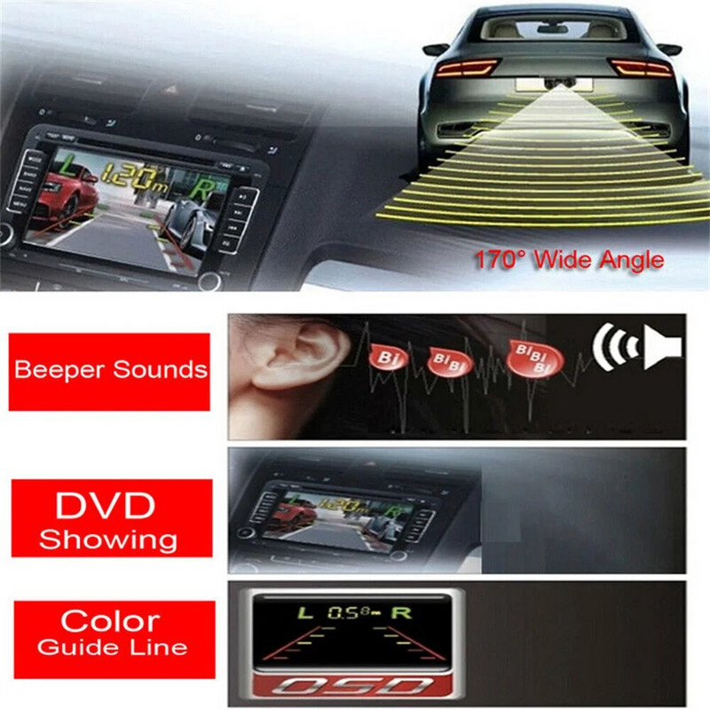 3 viename radarų parkavimo jutiklių rinkinys Matomas Parktronic LED ekrano sistemos atsarginis monitorius Atbulinės eigos kamera Signalizacija Atbulinės eigos radaras