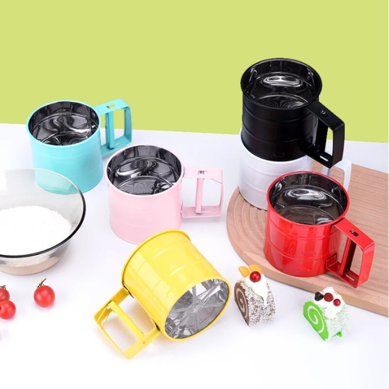 Miltelių miltelių tinklelis Sifter puodelis kepimo cukraus pudra Nerūdijančio plieno sietas puodelis Kepiniai Tešlos kepimo įrankiai Virtuvės priedai