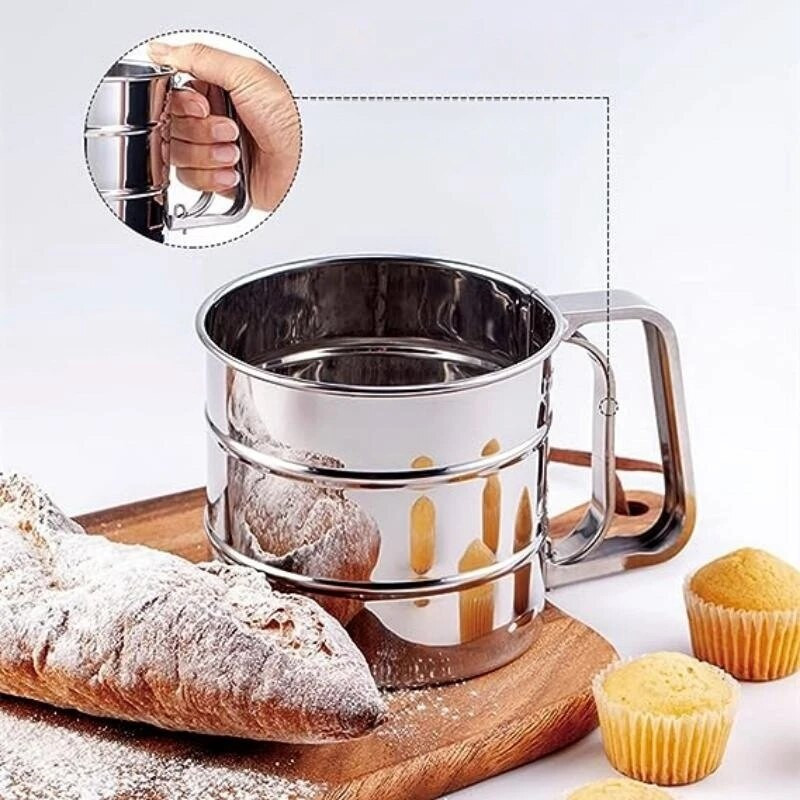 Nerūdijančio plieno miltų sietelis rankinis pusiau automatinis presuojamas miltų sietelio puodelis Miltų cukraus miltelių plaktuvas Filtruoti kepimo reikmenys