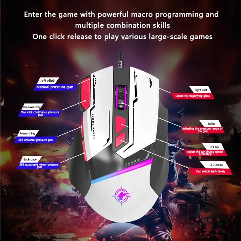 Mouse mecanic pentru jocuri cu programare macro GD002 nou cu fir RGB Luminos cu 8 taste Design ergonomic personalizat Punct de conectare Mouse Mecha