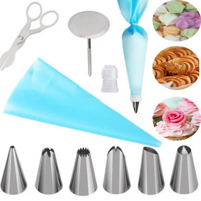 10PC/SET Silikonski DIY Icing Piping Cream Vrećica za tijesto + Savjeti za nastavke za kolače od lišća Alati za ukrašavanje + Igle za podizanje noktiju + Škare