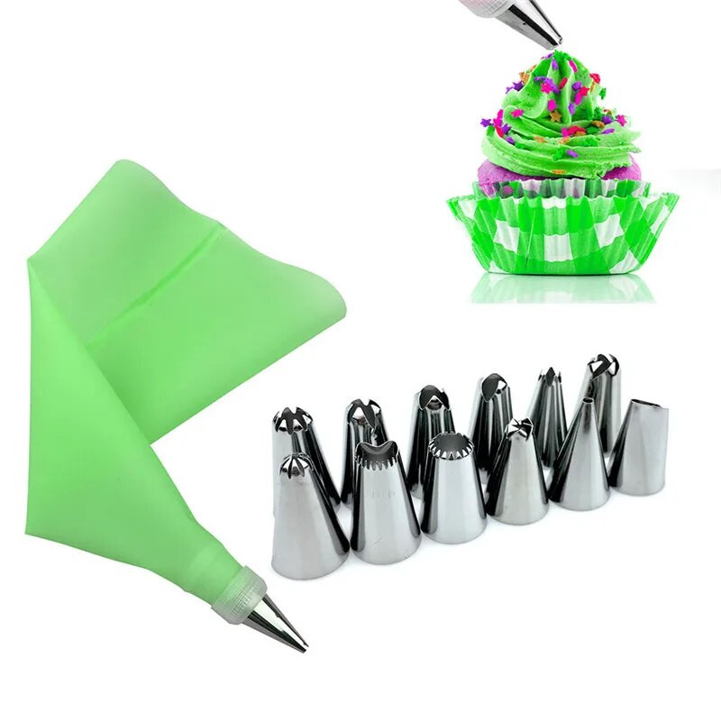 1vnt silikono glazūravimo vamzdelių kremo konditerijos maišelis + 12 vnt nerūdijančio plieno antgalis konditerijos antgaliai keitiklis „pasidaryk pats“ tortų dekoravimo įrankiai.