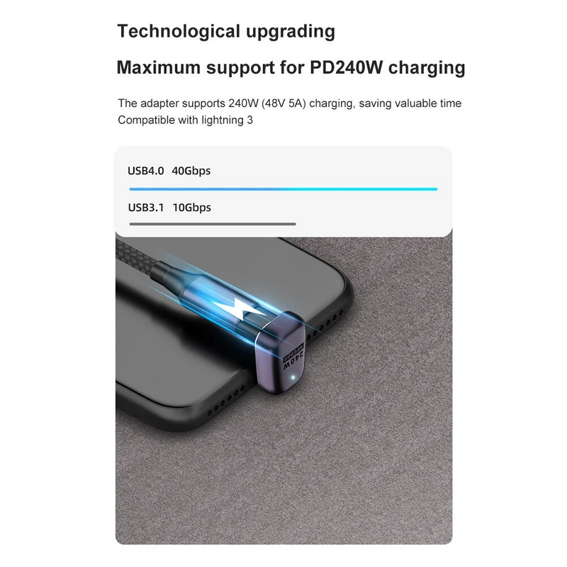 5A tipo C OTG adapteris 240 W greito įkrovimo duomenų keitiklis USB4.0 40Gbps palaikymas 8K 60Hz USB C 90/180 laipsnių alkūnės adapteris