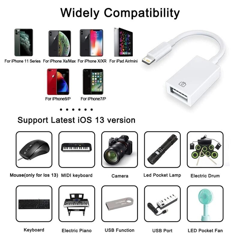 USB 3.0 OTG adapterkábel iPhone 14 13 12 11 Pro Max Xs XR 7 8 Plus kábel átalakító Xiaomi Samsung Huawei kameraadapterhez