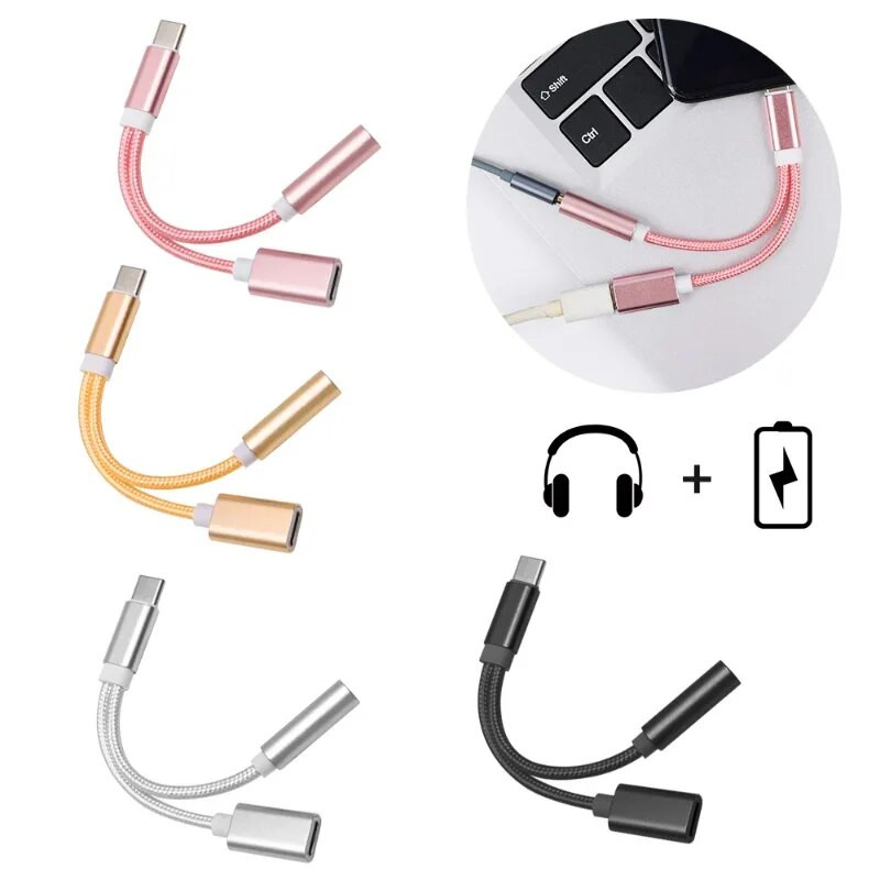 2 viename USB-C tipo C iki 3,5 mm Aux garso įkrovimo kabelio adapterio skirstytuvo ausinių lizdas USB tipo C adapterio laidas, skirtas Xiaomi Huawei