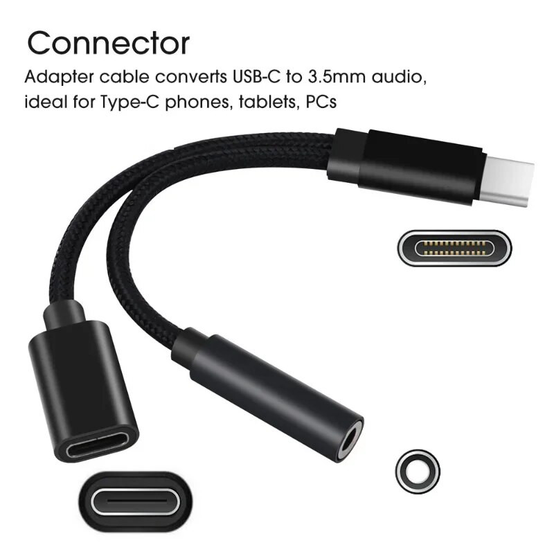 2 viename USB-C tipo C iki 3,5 mm Aux garso įkrovimo kabelio adapterio skirstytuvo ausinių lizdas USB tipo C adapterio laidas, skirtas Xiaomi Huawei