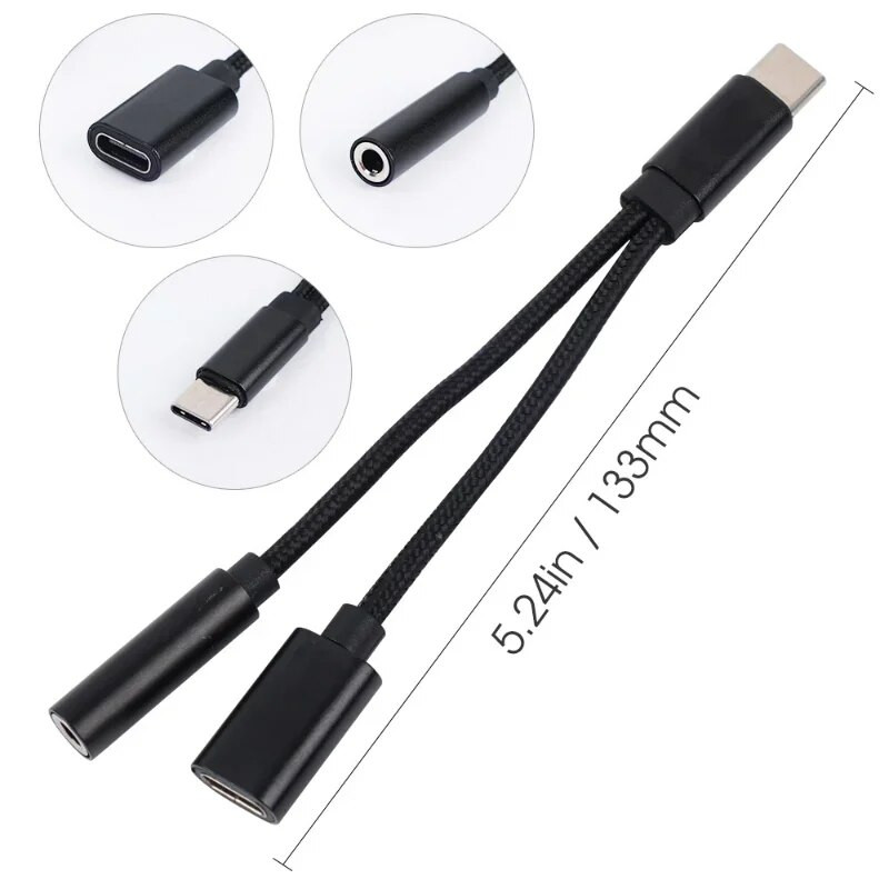 2 viename USB-C tipo C iki 3,5 mm Aux garso įkrovimo kabelio adapterio skirstytuvo ausinių lizdas USB tipo C adapterio laidas, skirtas Xiaomi Huawei