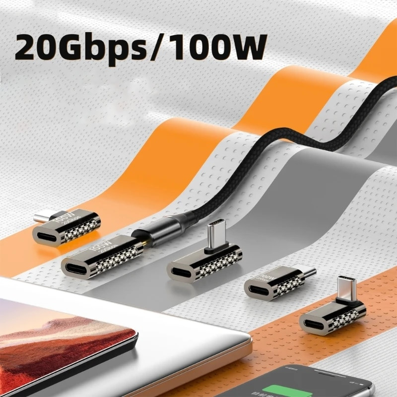 100 W 20 Gbps C tipo įkrovimo adapterio duomenų perdavimo keitiklis 90 laipsnių dešiniojo kampo adapteris nešiojamiesiems telefonams planšetiniams kompiuteriams