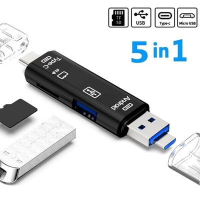 OTG kaardilugeja 5-ühes multifunktsionaalne USB 2.0 tüüpi C/Micro USB/TF/SD mälukaardilugeja OTG kaardi adapter telefoni arvuti jaoks