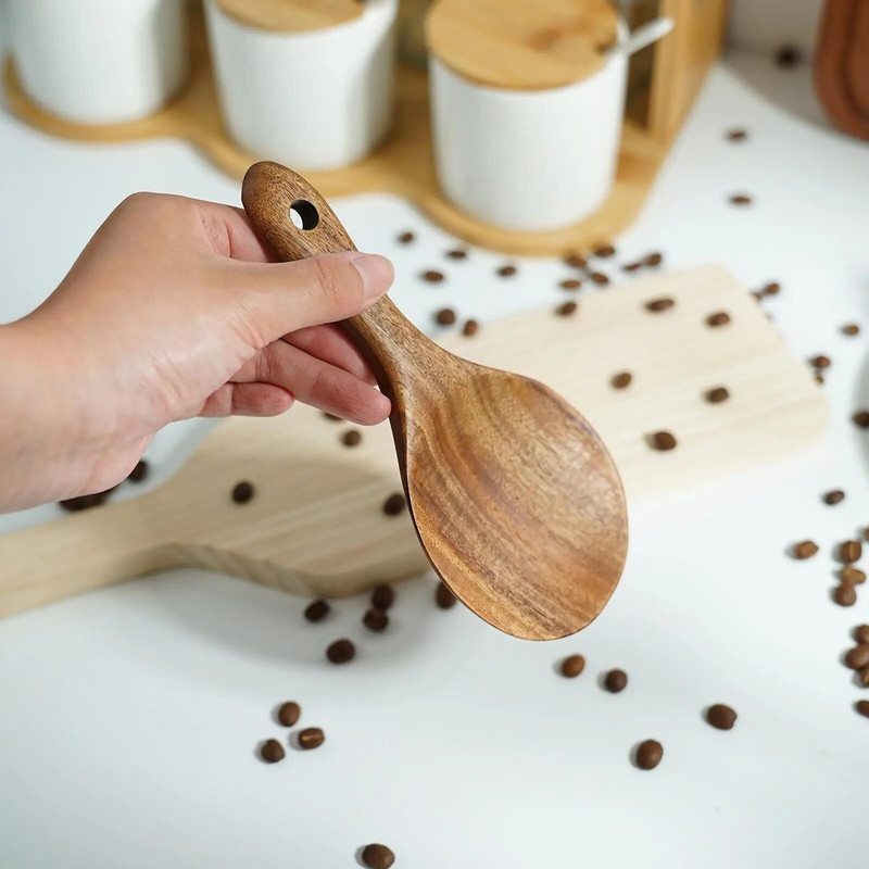Fából készült konyhai edények Evőeszközök Teakfa rizskanál rizslapátkanál Fa konyhai kanál merőkanál evőkanál nagy adagolókanál