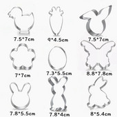 Naujas Velykinių sausainių pjaustytuvų rinkinys zuikis, kiaušinis, gėlė, triušio veidas, viščiukas, morkos, drugelis-nerūdijančio plieno fondanto pjaustyklės formos kepimo įrankis