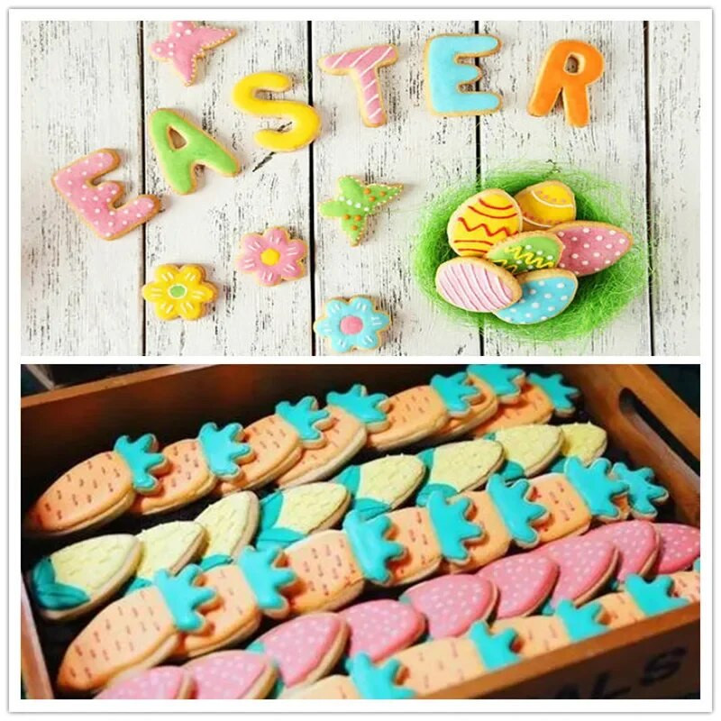 Naujas Velykinių sausainių pjaustytuvų rinkinys zuikis, kiaušinis, gėlė, triušio veidas, viščiukas, morkos, drugelis-nerūdijančio plieno fondanto pjaustyklės formos kepimo įrankis