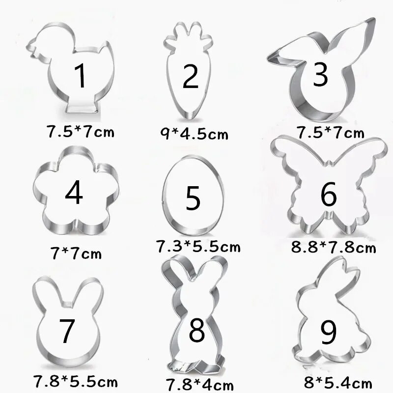 Naujas Velykinių sausainių pjaustytuvų rinkinys zuikis, kiaušinis, gėlė, triušio veidas, viščiukas, morkos, drugelis-nerūdijančio plieno fondanto pjaustyklės formos kepimo įrankis