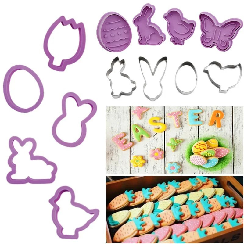 Naujas Velykinių sausainių pjaustytuvų rinkinys zuikis, kiaušinis, gėlė, triušio veidas, viščiukas, morkos, drugelis-nerūdijančio plieno fondanto pjaustyklės formos kepimo įrankis