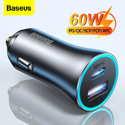 Baseus 60W fém USB C típusú autós töltő gyorstöltő SCP AFC QC 4.0 PD 27W USBC telefontöltő iPhone Xiaomi Huawei Samsung készülékhez