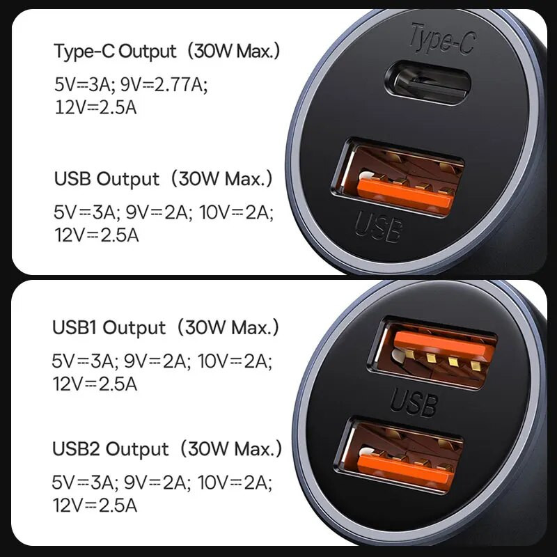 Baseus 60W metalinis USB tipo C automobilinis įkroviklis Greitas įkrovimas SCP AFC QC 4.0 PD 27W USBC telefono įkroviklis, skirtas iPhone Xiaomi Huawei Samsung
