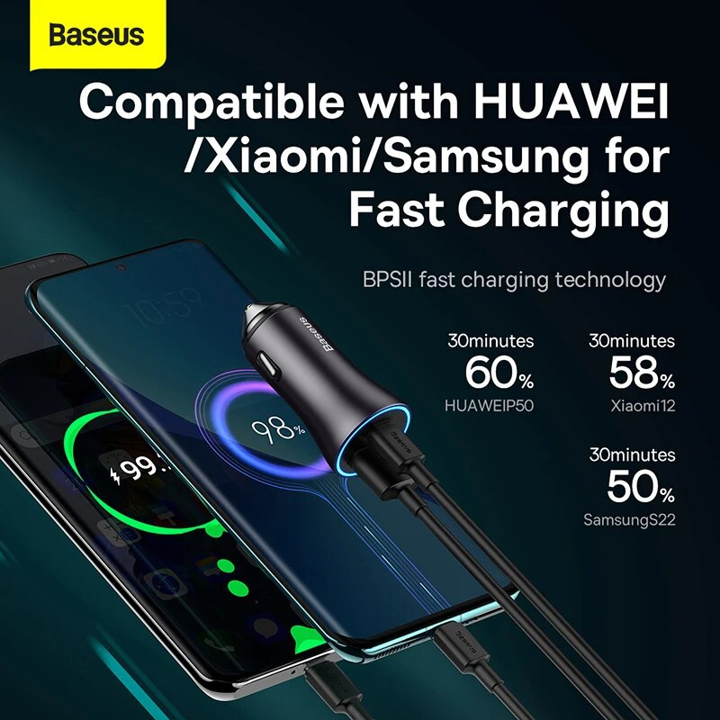 Baseus 60W metalinis USB tipo C automobilinis įkroviklis Greitas įkrovimas SCP AFC QC 4.0 PD 27W USBC telefono įkroviklis, skirtas iPhone Xiaomi Huawei Samsung