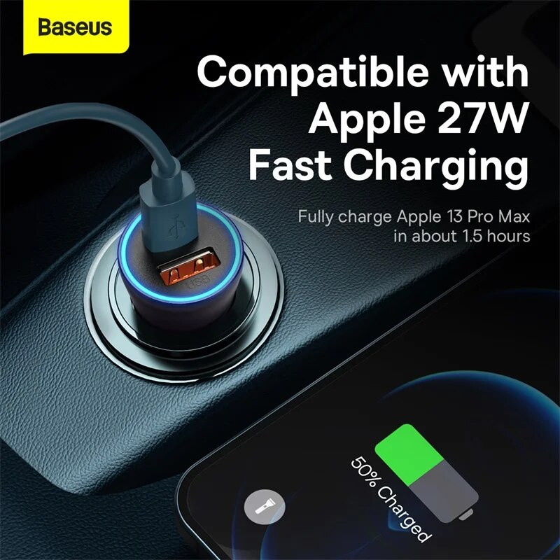 Baseus 60W metalinis USB tipo C automobilinis įkroviklis Greitas įkrovimas SCP AFC QC 4.0 PD 27W USBC telefono įkroviklis, skirtas iPhone Xiaomi Huawei Samsung
