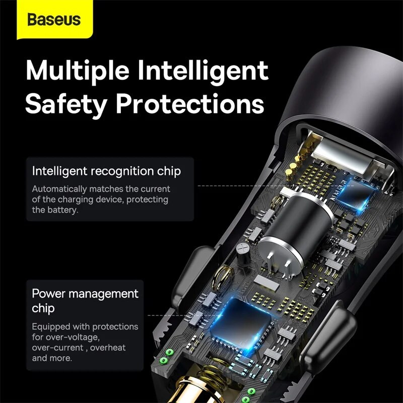 Baseus 60W metalinis USB tipo C automobilinis įkroviklis Greitas įkrovimas SCP AFC QC 4.0 PD 27W USBC telefono įkroviklis, skirtas iPhone Xiaomi Huawei Samsung